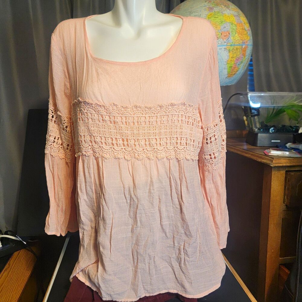 Spense Women's Pink Crochet Accent Scoop Neck Long Sleeve Tunic Blouse XL